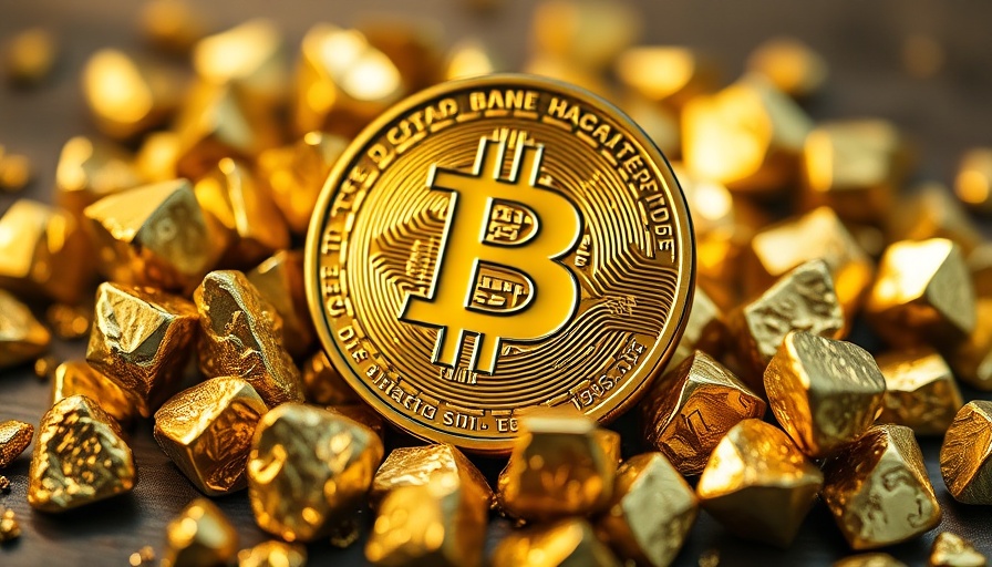 Gold Bitcoin coin among nuggets, symbolizing wealth and cryptocurrency.