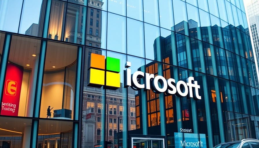 Microsoft logo on modern building facade reflecting urban scene.