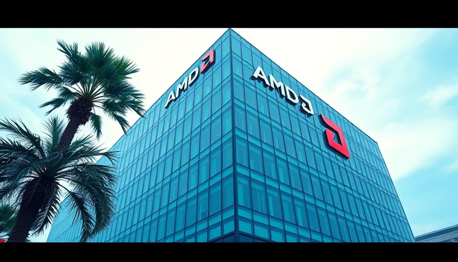 AMD headquarters building, glass facade, palm tree, AMD launches new graphics cards.
