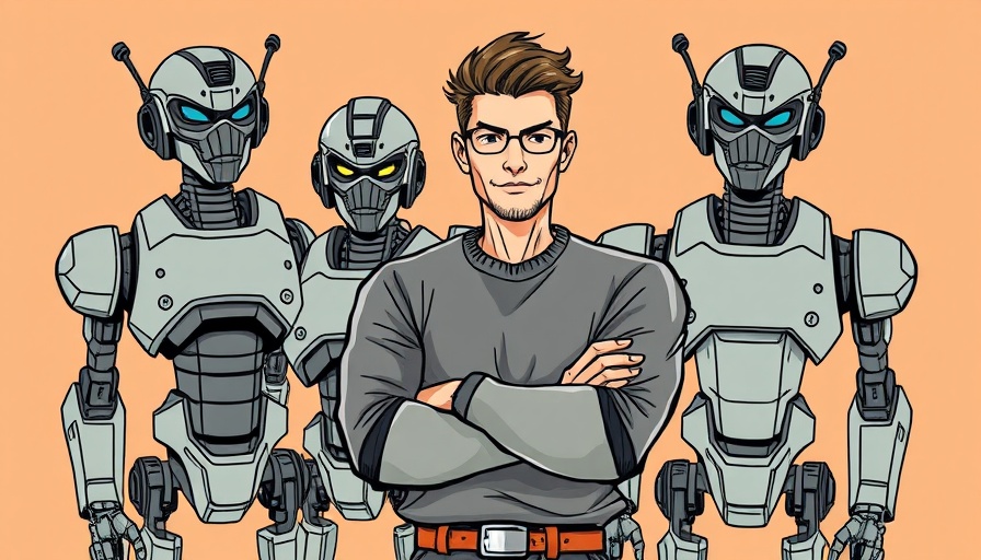 Grok 3 artistic sketch of man with robots on peach background.