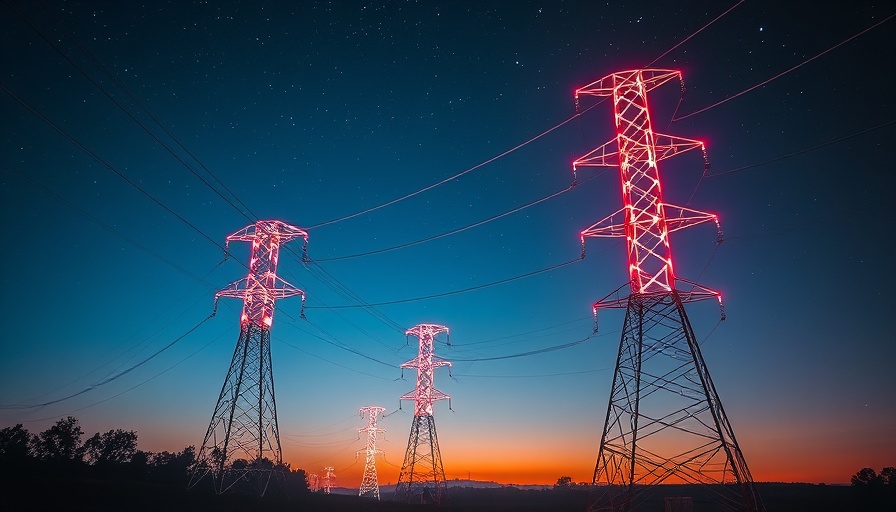 Electric pylons at night with glowing cables under a starry sky.
