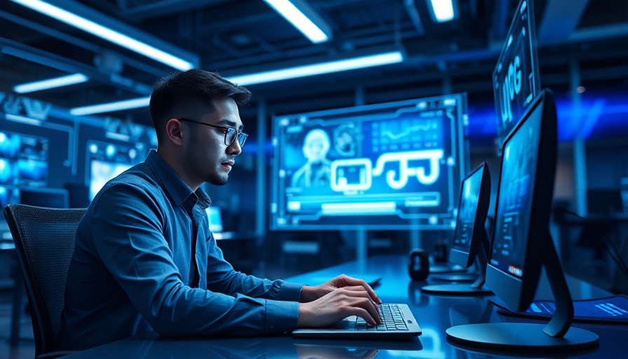 AI video generation technology in a futuristic office for small business marketing.