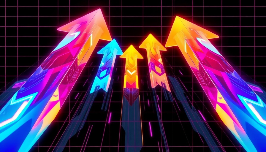 Futuristic arrows in neon grid, symbolizing agentic AI progress.