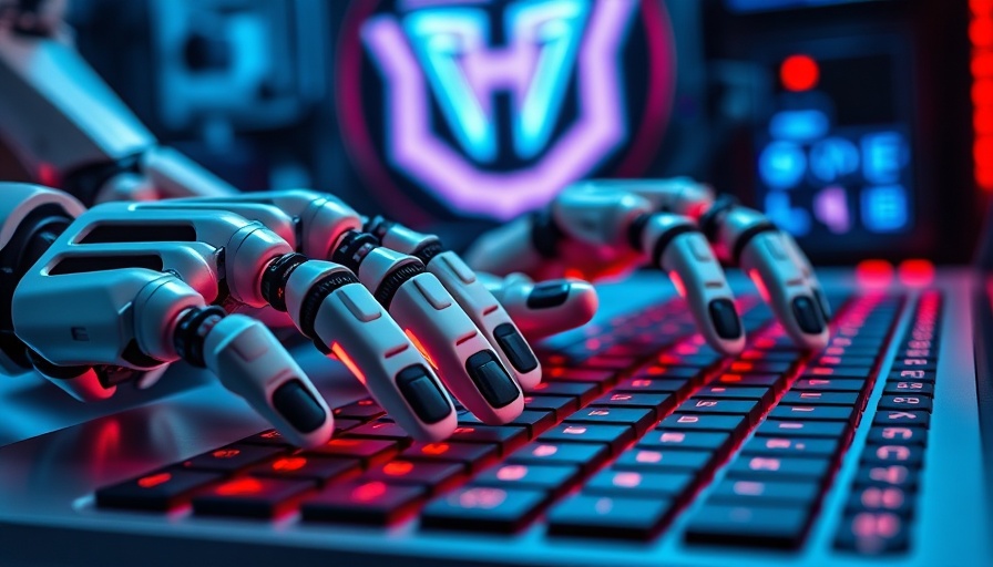 Robotic hands typing with digital logo 'deepseek', neon glow.