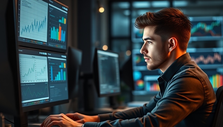 Focused professional analyzing data on multiple screens in a modern office.