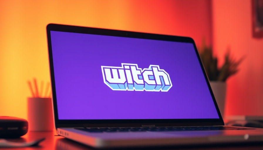 Laptop displaying Twitch logo with glowing orange background.