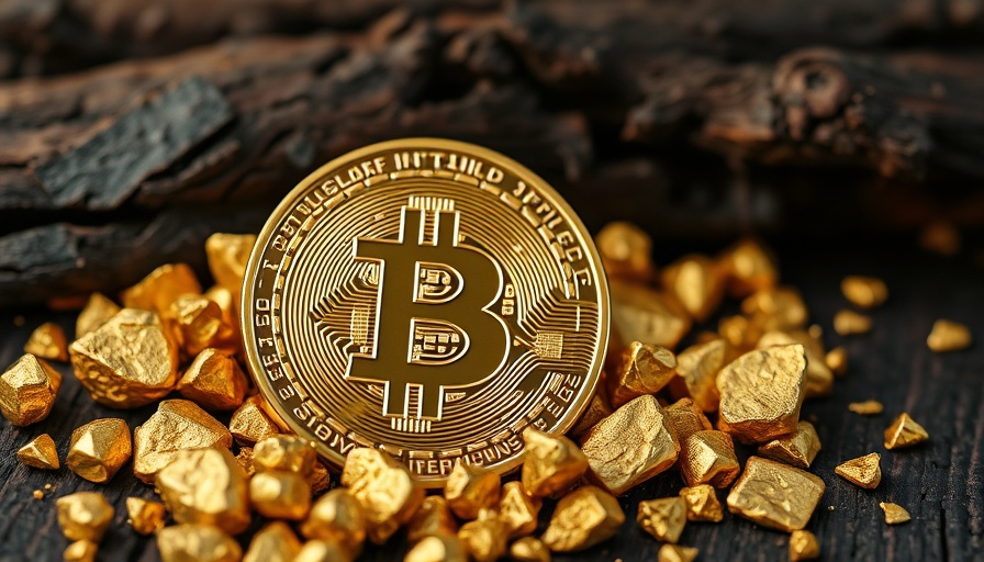 Bitcoin coin with gold nuggets, highlighting value concept, warm light.