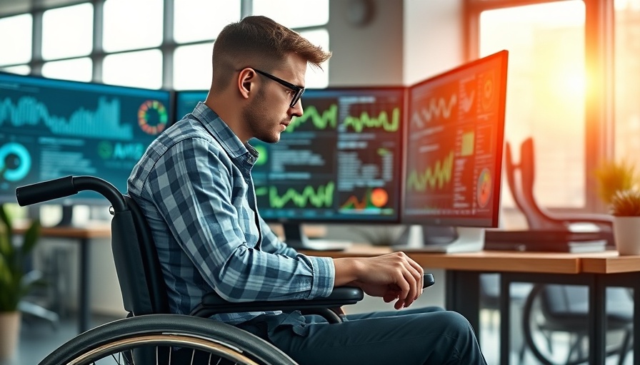 Man in wheelchair analyzing data on dual screens in office, AI stock Ciena.