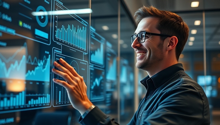Agentic AI: Man interacting with futuristic digital screens in high-tech office.