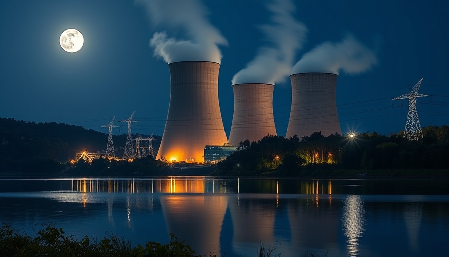 Nuclear power plant at night, reflecting on water with high-voltage lines.