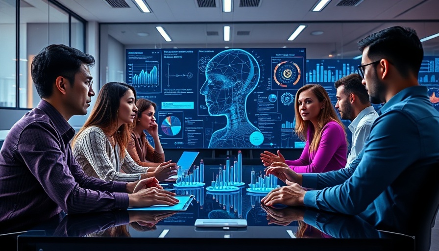 Team discusses open source AI development with digital data overlay.