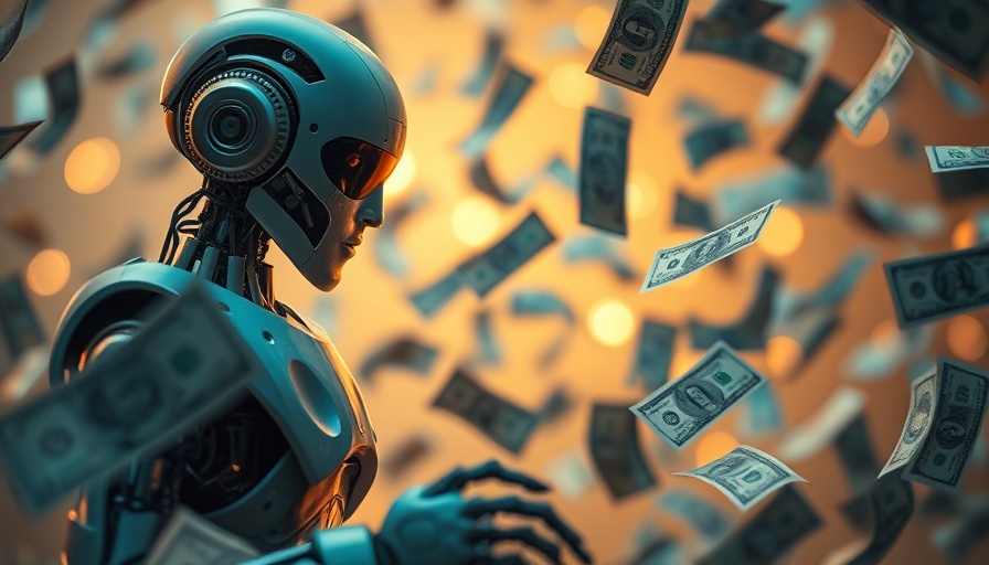 Futuristic robotic humanoid with currency, AI agents economy concept.