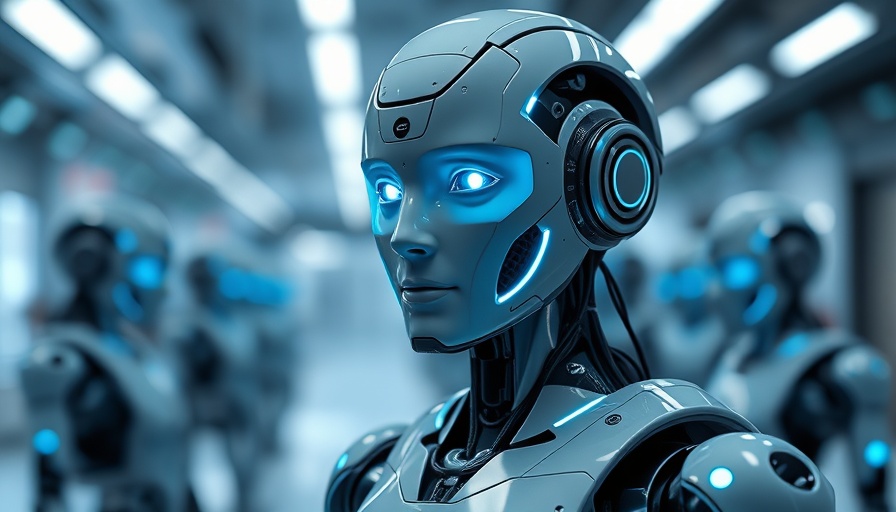 AI Agents: Futuristic humanoid robot with glowing blue accents in a high-tech setting.