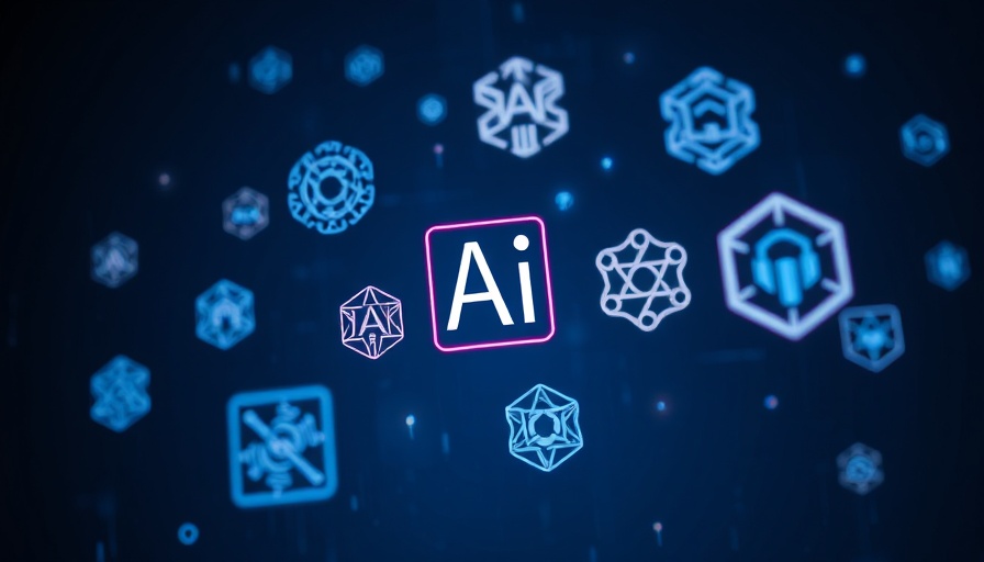 Floating technology logos on a dark blue textured background.