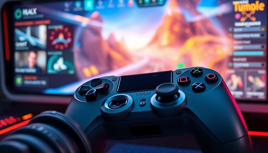 Futuristic gaming interface with Microsoft AI integration, game controller in focus.