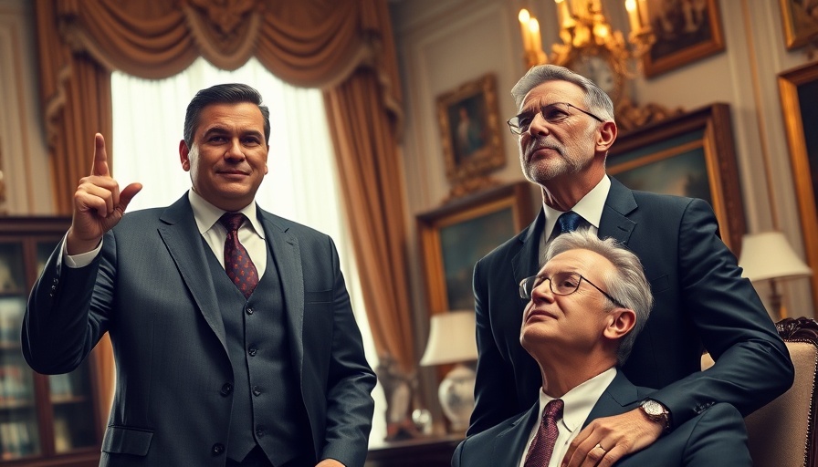 Two men discussing in an ornate office setting, grok 3 censorship theme.