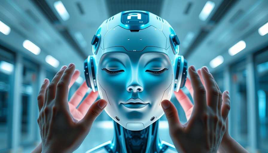Futuristic digital AI head with human hands, modern setting.