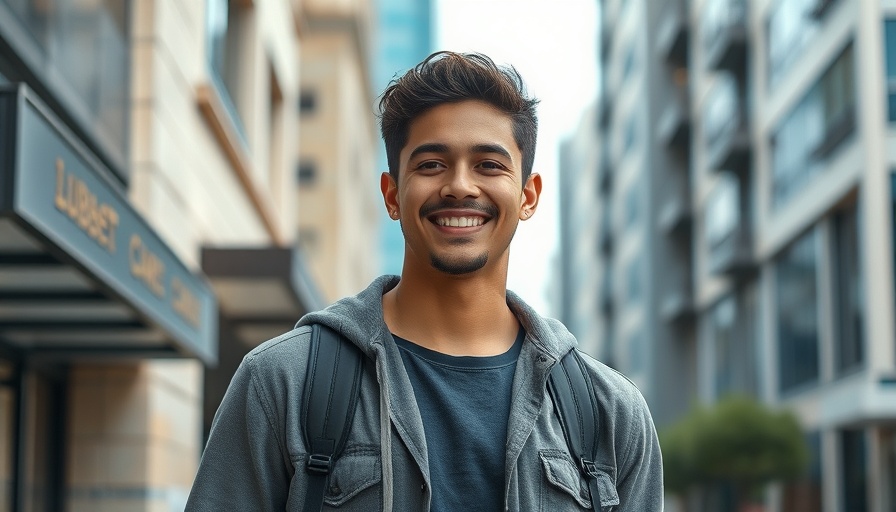 Young man smiling outdoors in urban setting, casual attire.