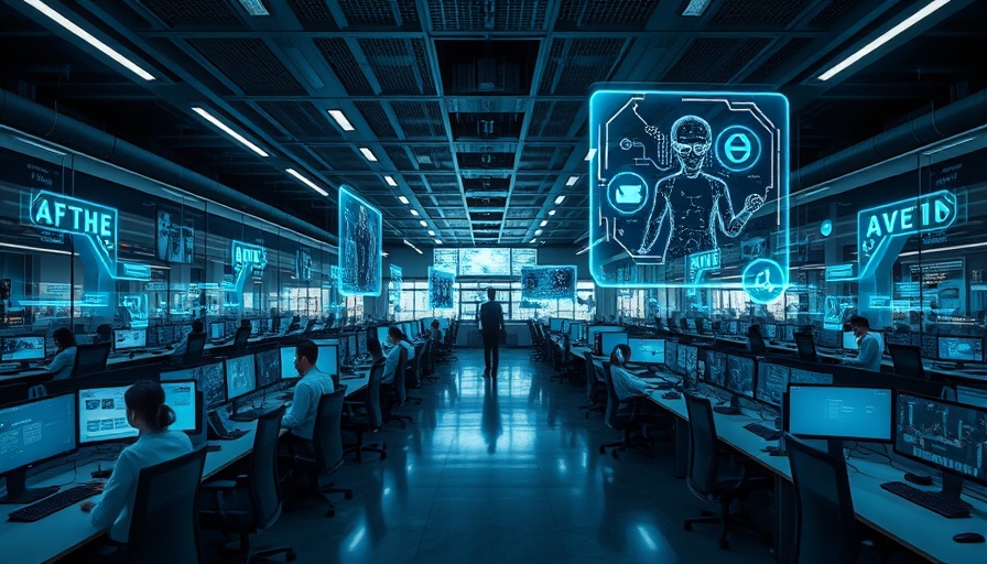 Futuristic AI agents in a digital office environment.