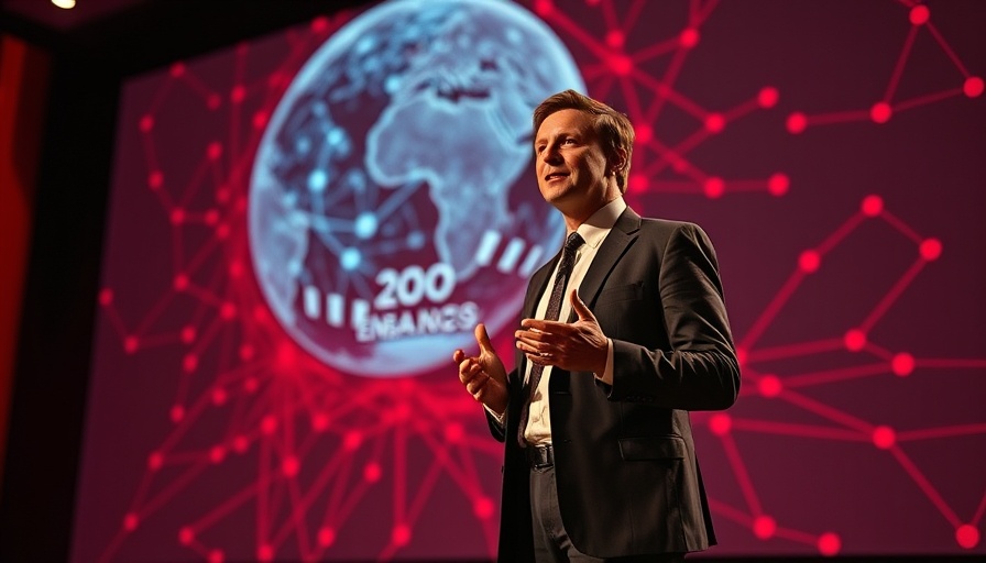 Distinguished speaker presenting on AI news with a digital globe backdrop.