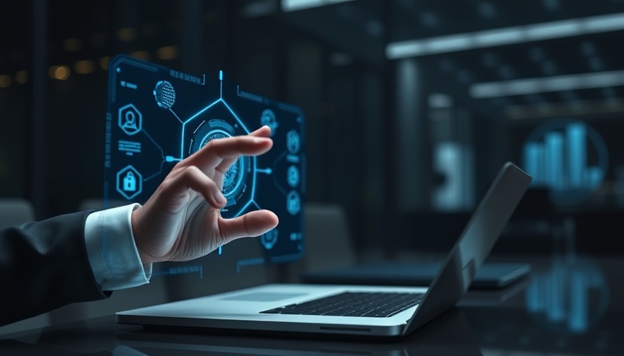 Agentic AI hologram interacting over laptop in modern setting.