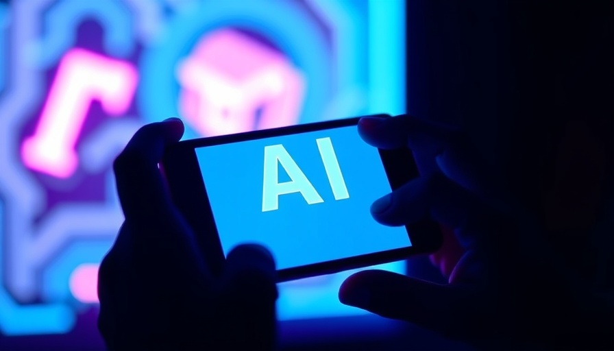 Silhouette hands hold phone with AI text, vibrant background.