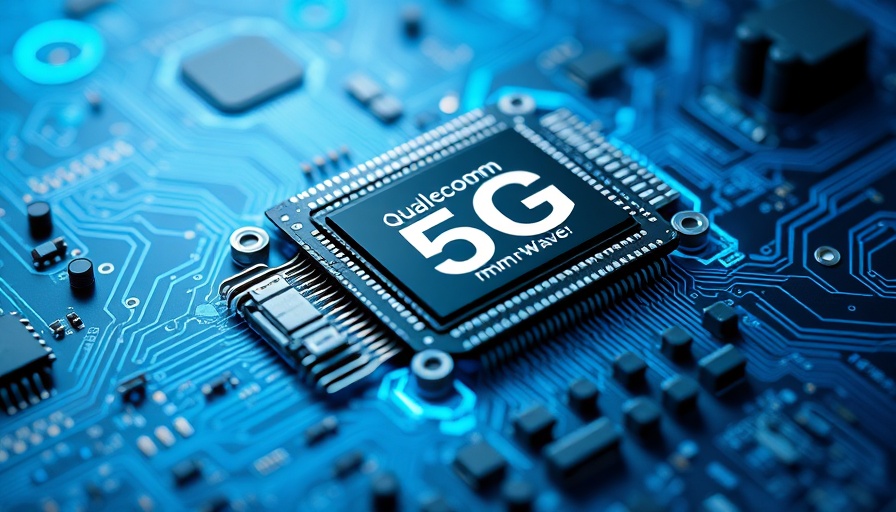 Qualcomm 5G modem design on a blue circuit board.