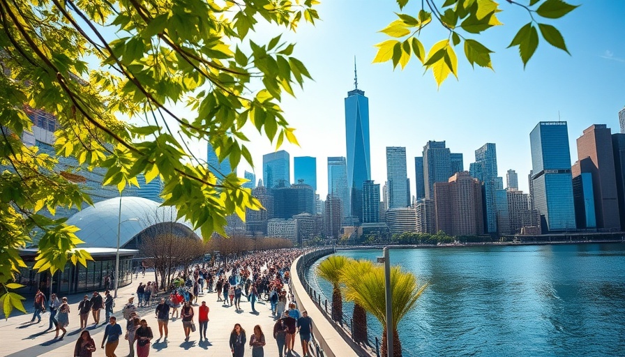 Bustling cityscape with modern skyscrapers under a clear sky.