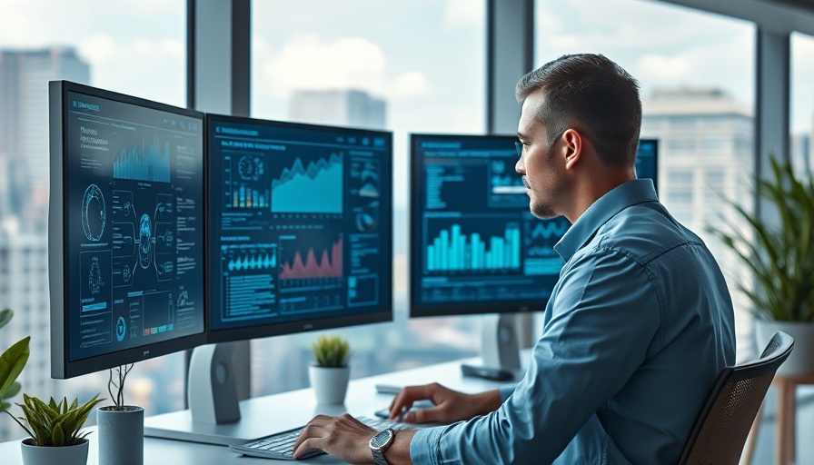 Agentic AI developer in modern workspace with cityscape view.