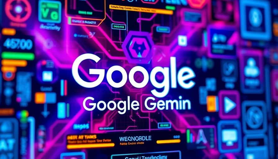 Google Gemini logo on a tech display with icons and code.