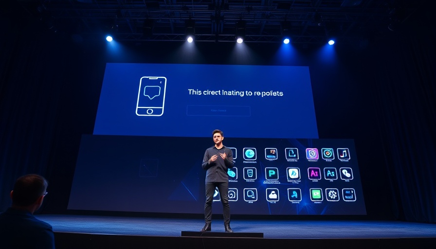 Tech conference presentation with app icons on screen.