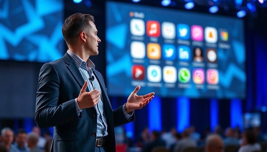 Businessman at tech conference launching Meta AI App 2025.