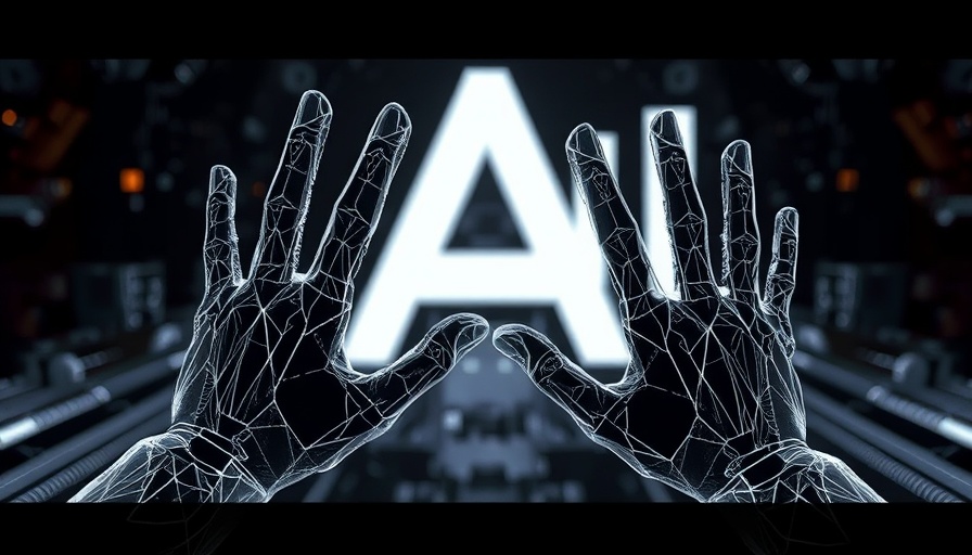 Abstract wireframe hands in digital art with AI letters.