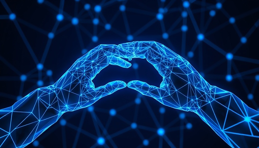 Futuristic agentic AI digital hands connecting with blue network mesh.