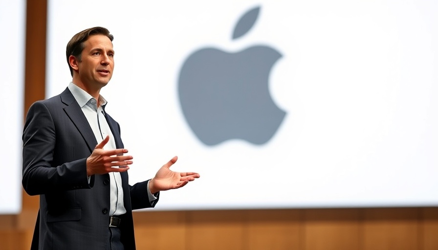 Confident speaker presenting on Apple AI Siri overhaul at conference.