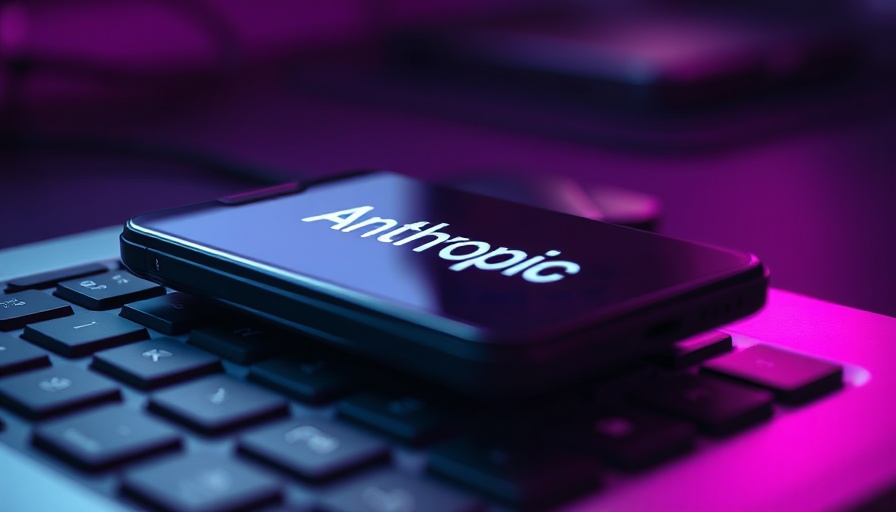 Anthropic displayed on smartphone over keyboard, purple glow