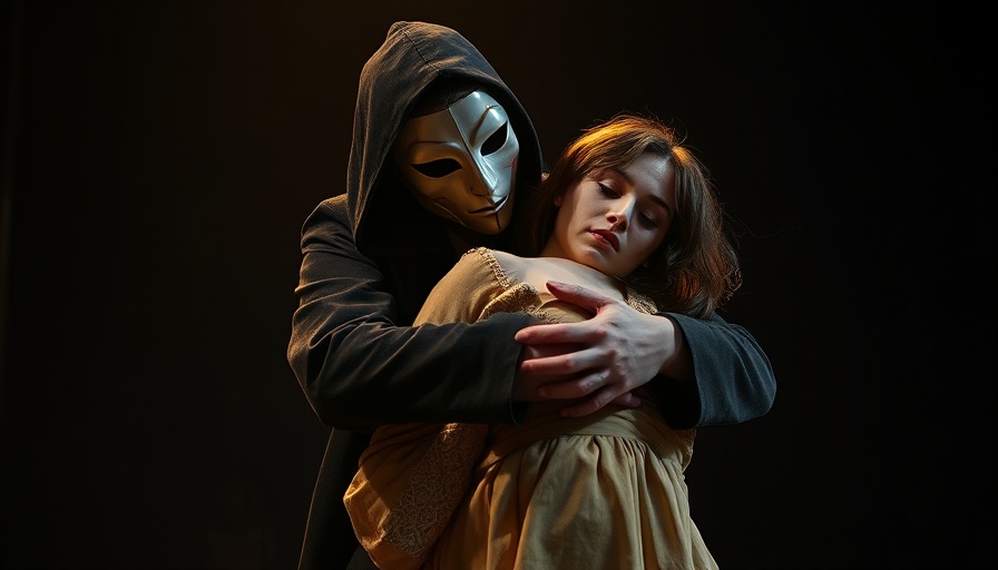 Theatrical scene with masked figure and woman; agentic AI concept