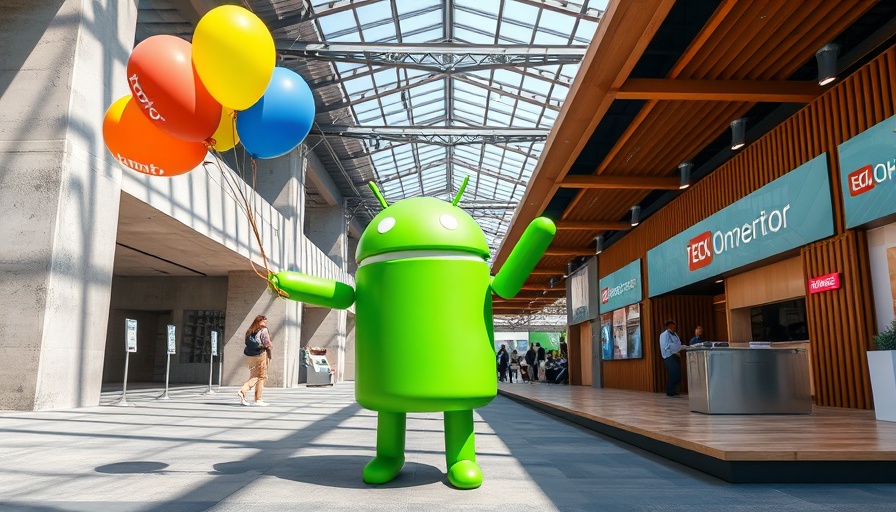 Android mascot at tech exhibit with colorful balloon.