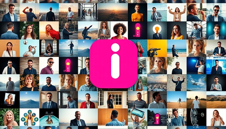 Collage of thumbnails with central pink 'I' logo for media content.