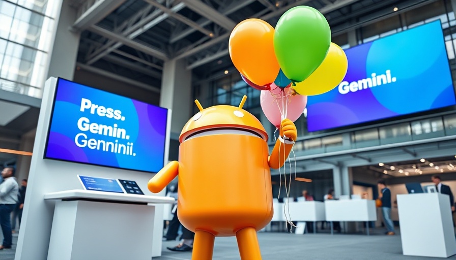 Android mascot at tech event with 'Ready. Press. Gemini.' display.