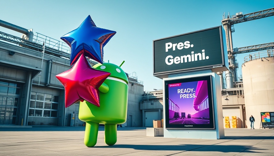 Android figure in courtyard with Gemini banner for live video.