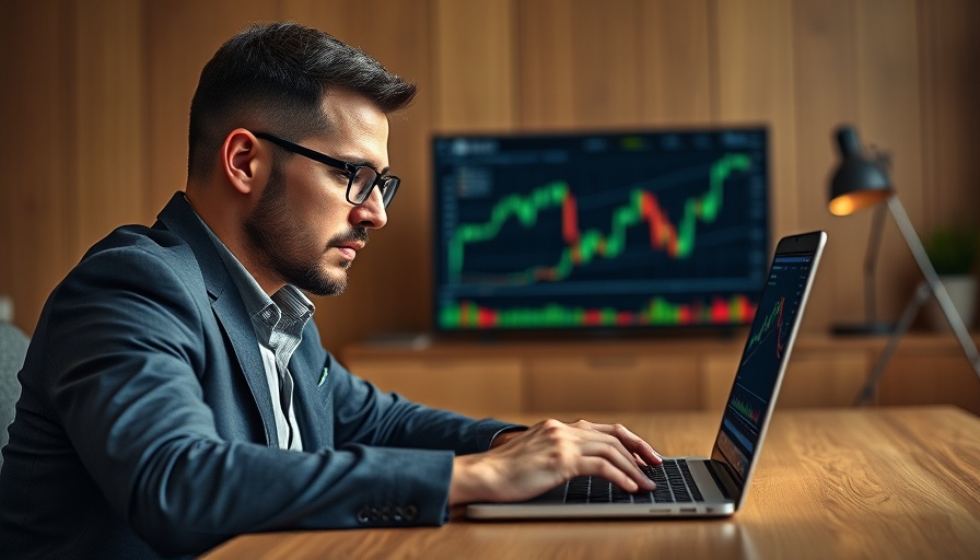 Businessman analyzing AI stocks on a laptop with stock charts.