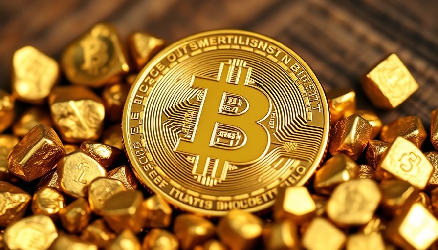 Golden Bitcoin and nuggets symbolizing digital wealth on wood surface.