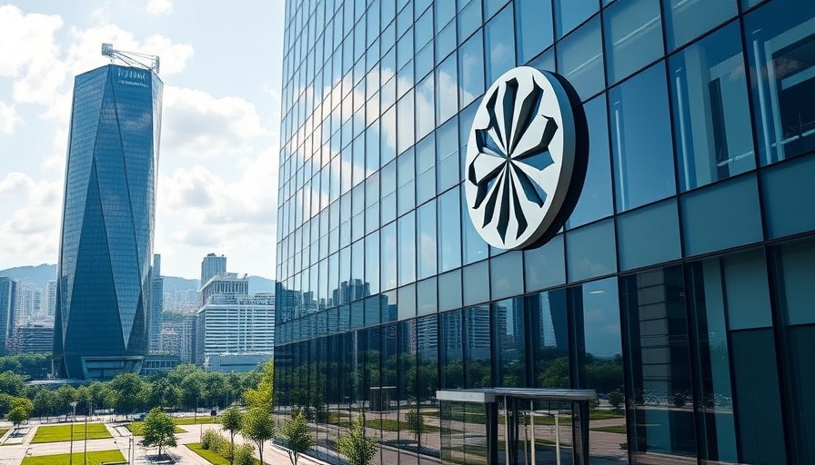 Modern corporate building with prominent logo in urban setting.