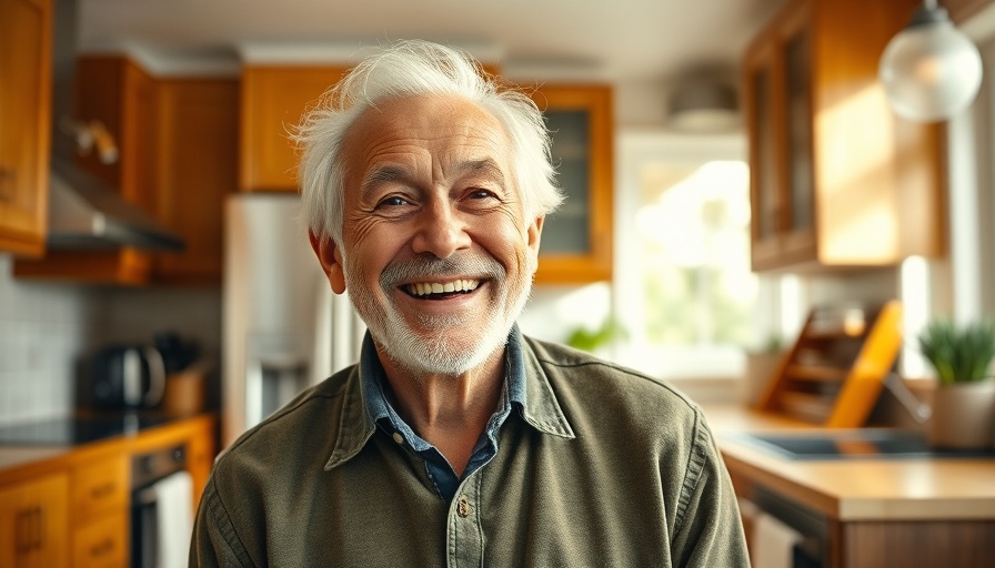 Smiling elderly man in kitchen getting better answers from AI chatbots.