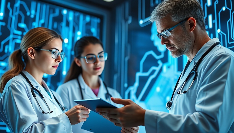 AI tools in healthcare concept with professionals in futuristic setting.