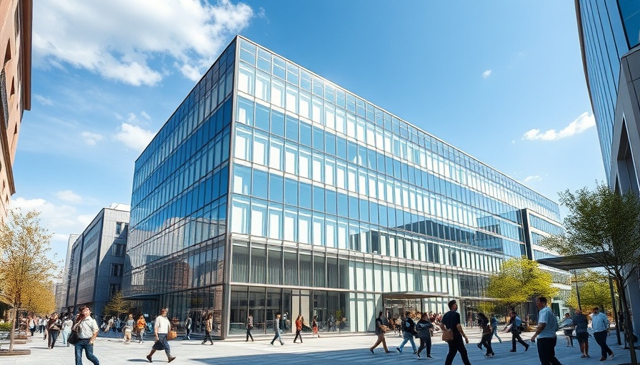 Modern corporate office building in India's IT services industry, bright day.