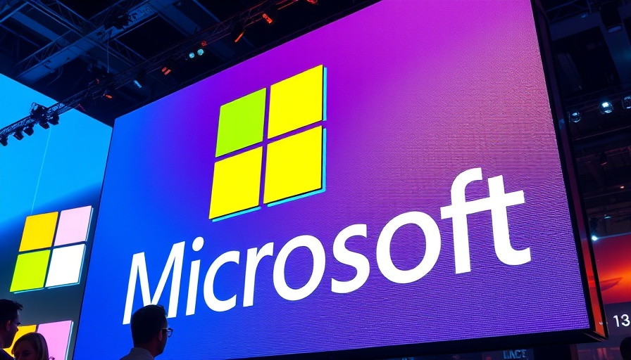 Large Microsoft logo on digital display at tech event.