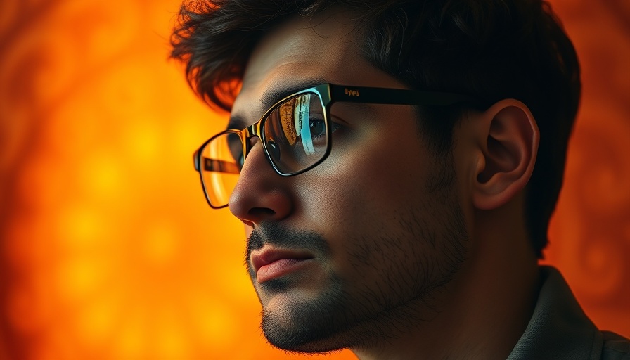 Thoughtful man in glasses against an orange backdrop, Microsoft AI.