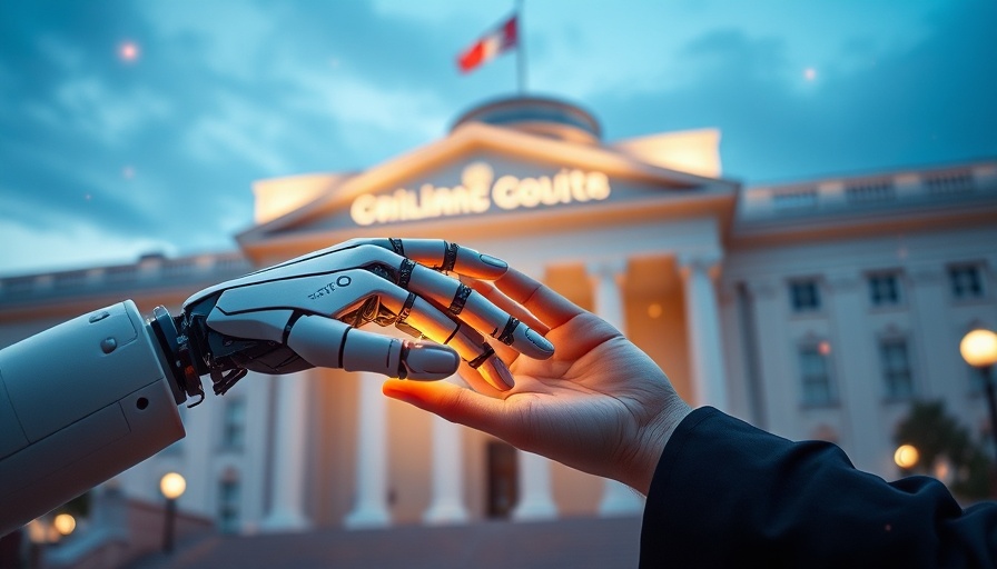 AI export controls concept with robotic and human hands touching.